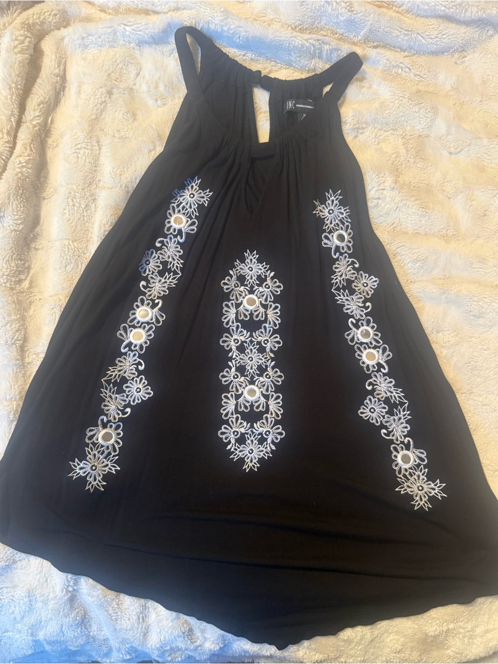 INC International Concepts Black Halter Tank with White Floral Embroidery